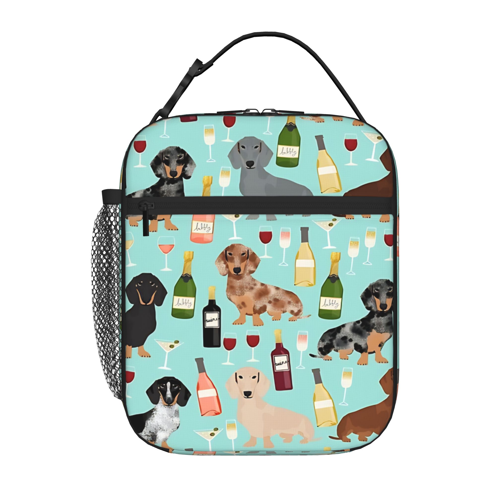 1 Piece Portable Lunch Container Wine cocktails rose dog breed  Zipper Closure Durable Pocket Dachshunds  For Lunch Box Bag One Size