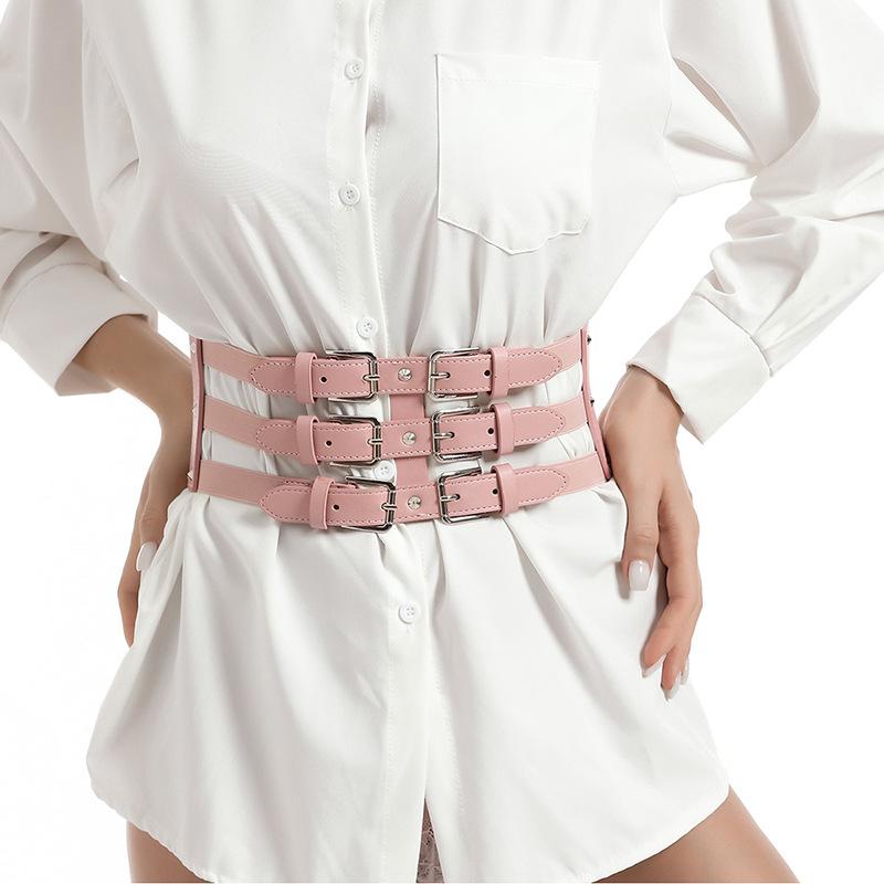 New Three-row Buckle Wide Waistband Punk Style Versatile Dark European and American Style Women's Belt