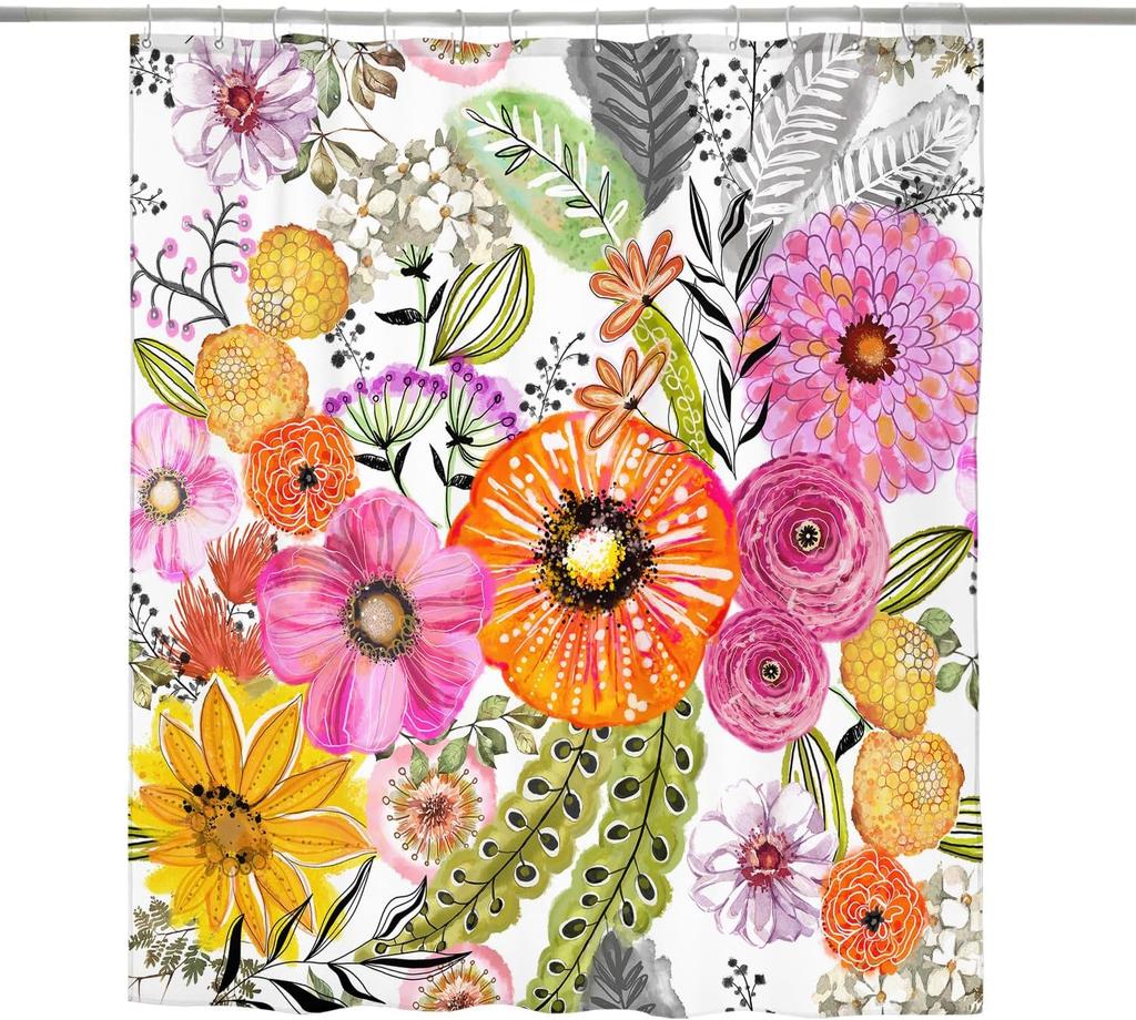 Cottage Floral Shower Curtain - Pink/Lavender Butterfly Design, Waterproof Washable Fabric, with Hooks, Modern Farmhouse Decor