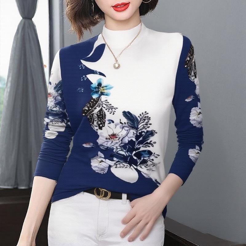 

Clearance: Floral Long Sleeve Plus Velvet Half-High Collar Top for Middle-Aged & Elderly Women M