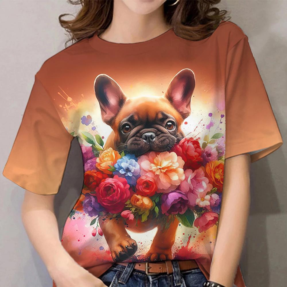 Women's T-Sleeve Contrast Color Puppy Pattern Printing Fashion Casual Y2k Women's Clothing High-Quality Short-Sleeved