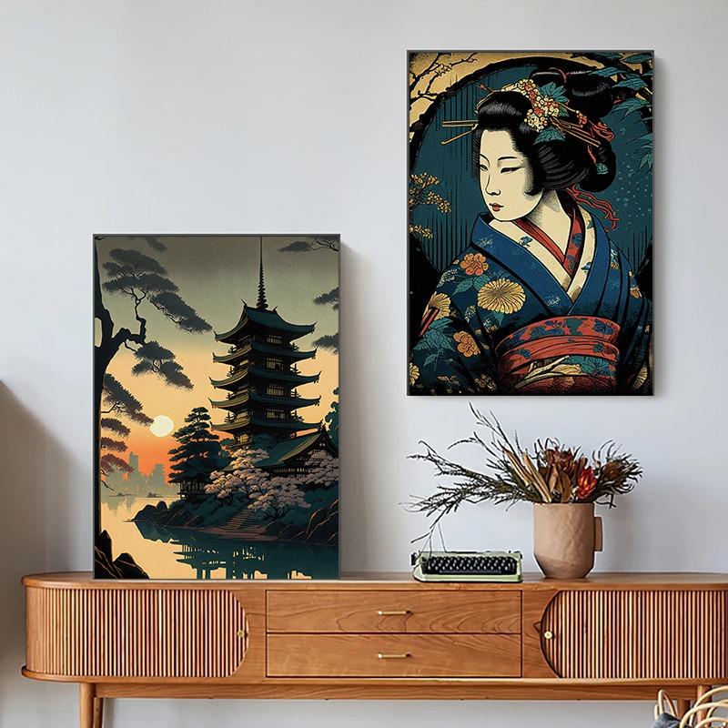Vintage Japanische Porträt- und Landschaftsposter Geisha Samurai Tempel Narzissen Leinwandmalerei Wandkunst Bild Heimdekor