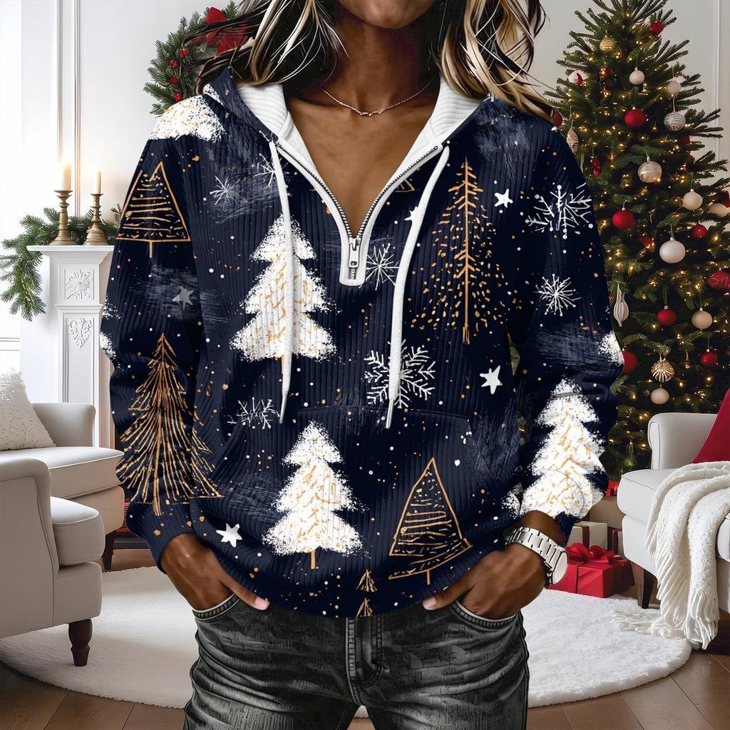 Women's Fashion Christmas Print Long Sleeve Hooded Pullover Sweatshirt Top