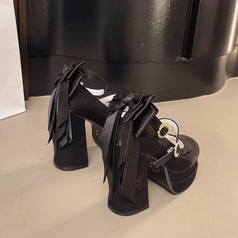 Fashion Mary Jane's New Summer Round Toe Shallow Mouth Metal Buckle Waterproof Platform Bow Anti-slip and Wear-resistant High Heels