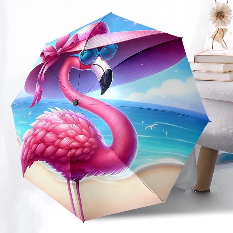 Flamingo Pattern Folding Umbrella Fashion Auto-Open 8 Iron Ribs Plastic Handle Foldable Sunshade Perfect Christmas Gifts