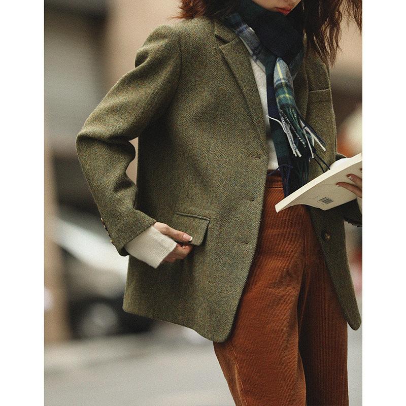 

Женский простой шерстяной блейзер с воротником-лацканом на осень-зиму, шерстяное пальто, куртка для офиса, повседневная верхняя одежда M зелёный