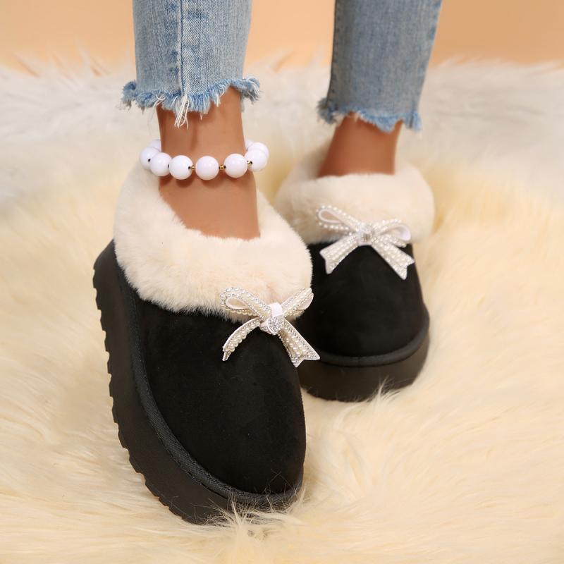 Thick Bottom Fluffy Fur Snow Boots Women 2025 Winter Warm Plush Ankle Boots with Platform Sweet Bowknot New Furry Non Slip Shoes