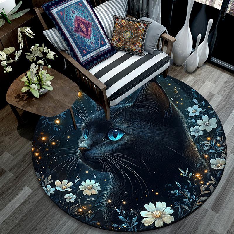 Magical Black Cat Round Area Rug,Carpet Rug for Living Room Bedroom Sofa Playroom Decor,Non-slip Floor Mat