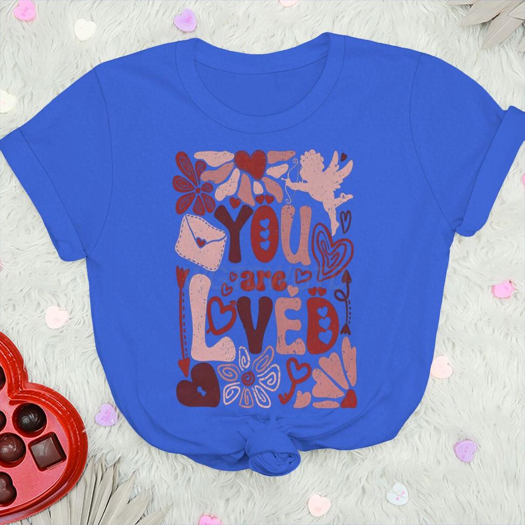 You Are Loved Graphic T Shirts Women Boho Valentine Floral Design Womens Clothing Valentines Day Heart Coquette Retro Tee Top