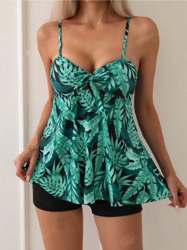 New European and American women's split swimsuit women's belly and thin conservative plant-printed boxers swimsuit