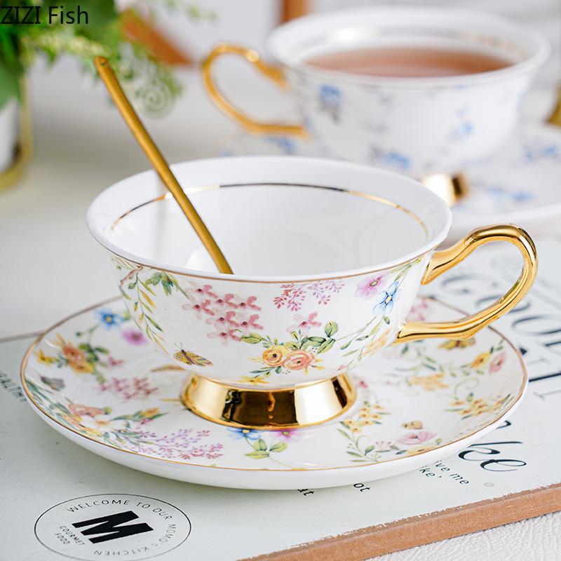 Gold-plated Flowers Pattern Ceramic Cup&saucer Dining Table Coffee Cup Milk Mugs Afternoon Tea Teacup Fruit Juice Container
