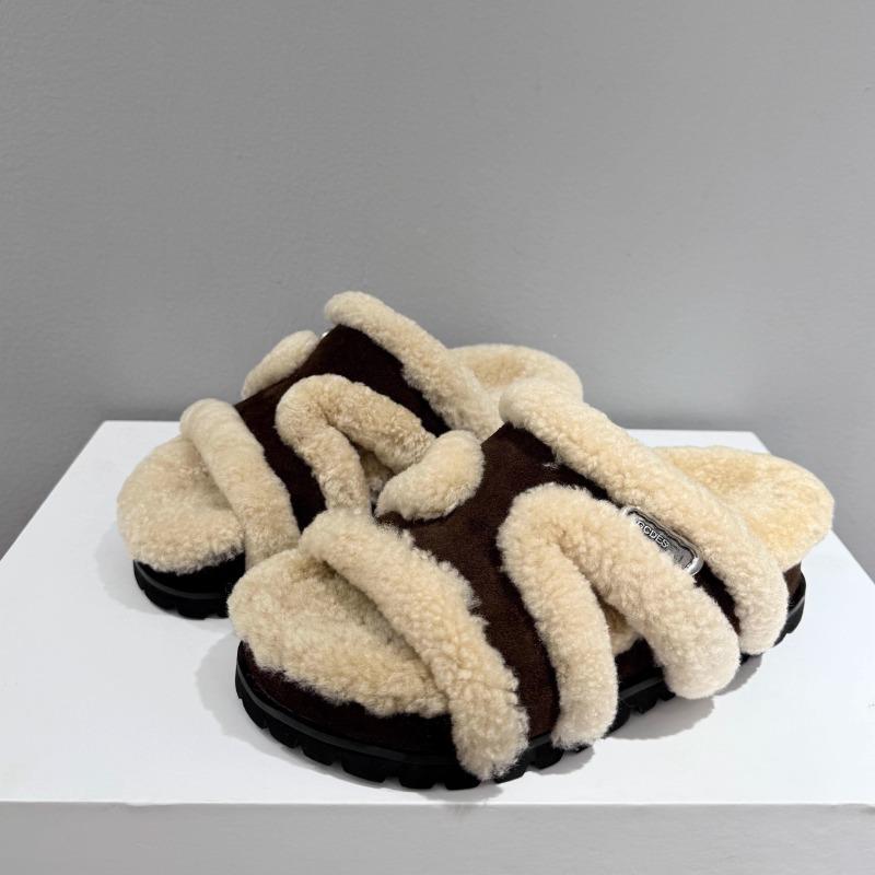 New leather lamb wool thick-soled heightened one-word fluffy slippers women wear versatile casual fluffy shoes women