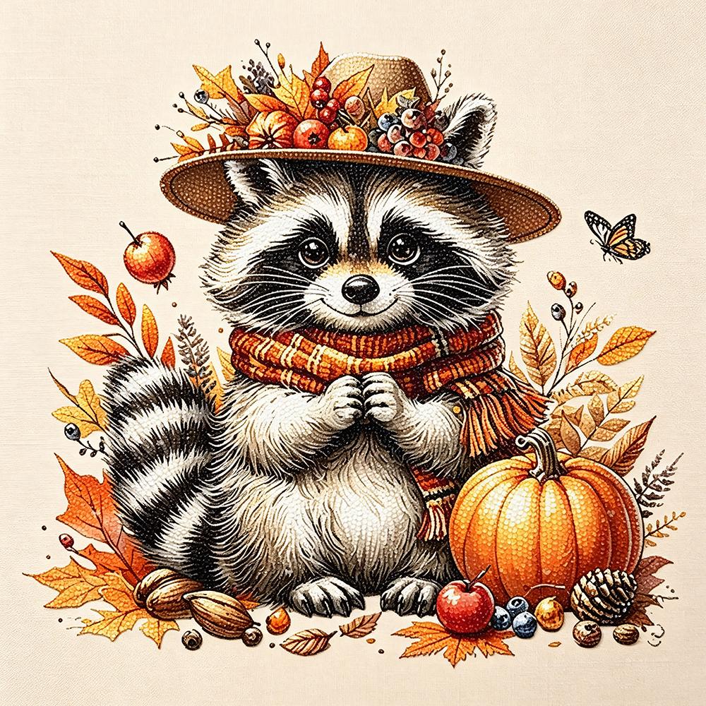 5D Diamond Painting Cute Raccoon with Pumpkin Fall Leaves Diamond Art DIY Craft Home Wall Decor Autumn Animal Rhinestone Kit