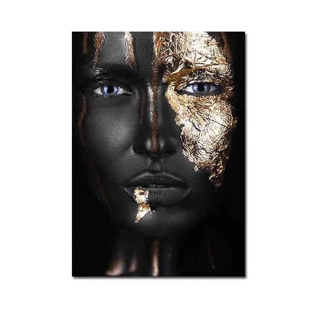 African Women Canvas Painting Black Gold Woman Poster and Prints Scandinavian Wall Art Picture for Home Decor Living Room Mural