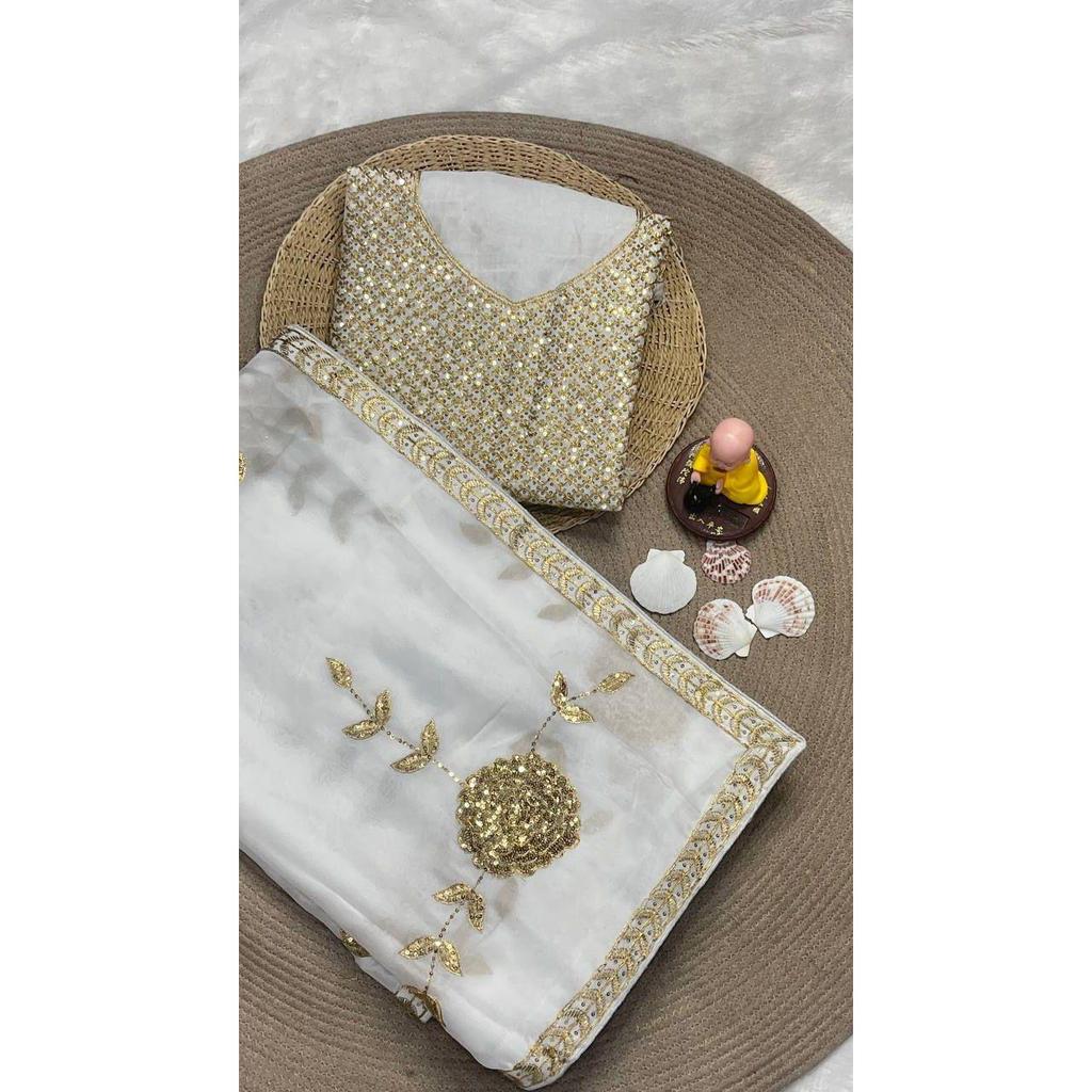 Premium  Georgette Fabrics with 3 Mm Sequence Embroidered Work and Golden Zari Thread Work