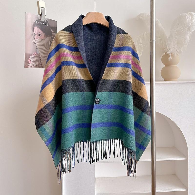 Womens Winter Plaid Shawl Scarf With Tassels Double-Sided Wool-Blend Wrap Warm Oversized Poncho Cold Weather