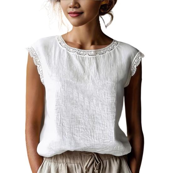 

Women Tops Round Neck Sleeveless Loose Fit Summer Casual Vest Pure Color Lace Splicing Pullover Tops Daily M білий