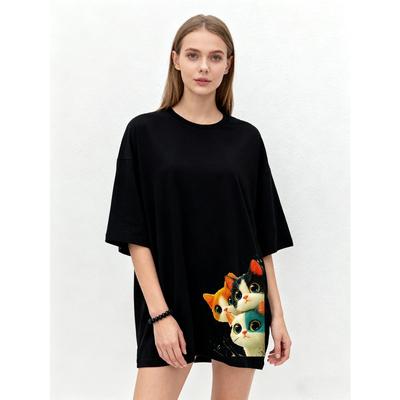 Übergroßes T-Shirt Schwarze Katze Print Grafik-T-Shirt Freizeitkleidung für Damen Sommermode Locker sitzendes Oberteil Streetwear-Stil