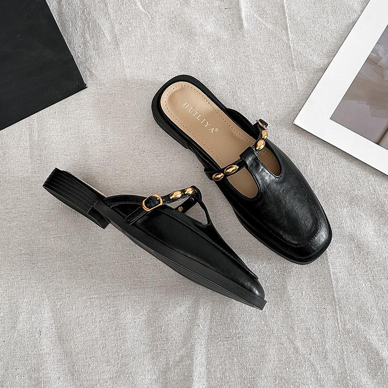 X139-5 retro Mary Jane shoes women's head t-shaped with skirt small leather shoes black French flat shoes women
