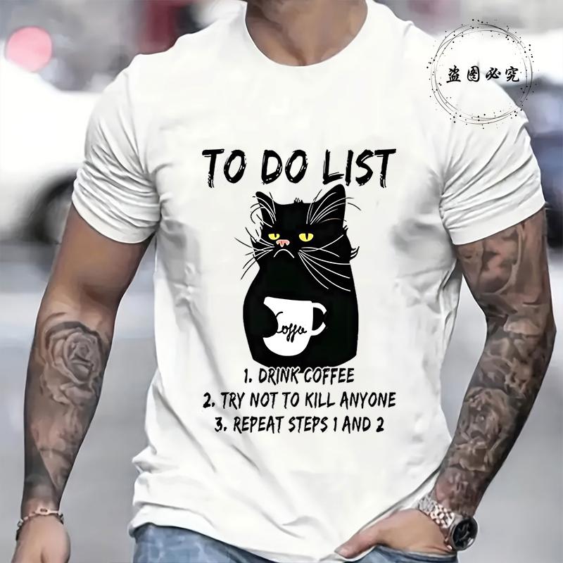To Do List Drink Coffee and Try Not To Kill Anyone Men's T-shirts Funny Cat Oversized Clothes Short Sleeve Tee Shirts Homme Tops