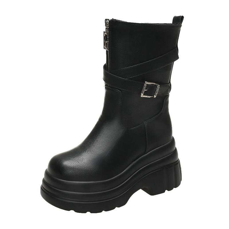 

Модные женские ботинки на платформе, мотоциклетные ботинки на танкетке 9 см, кожаные ботинки до середины икры, женские зимние теплые меховые массивные кроссовки, готические ботинки для женщин 35 чёрный