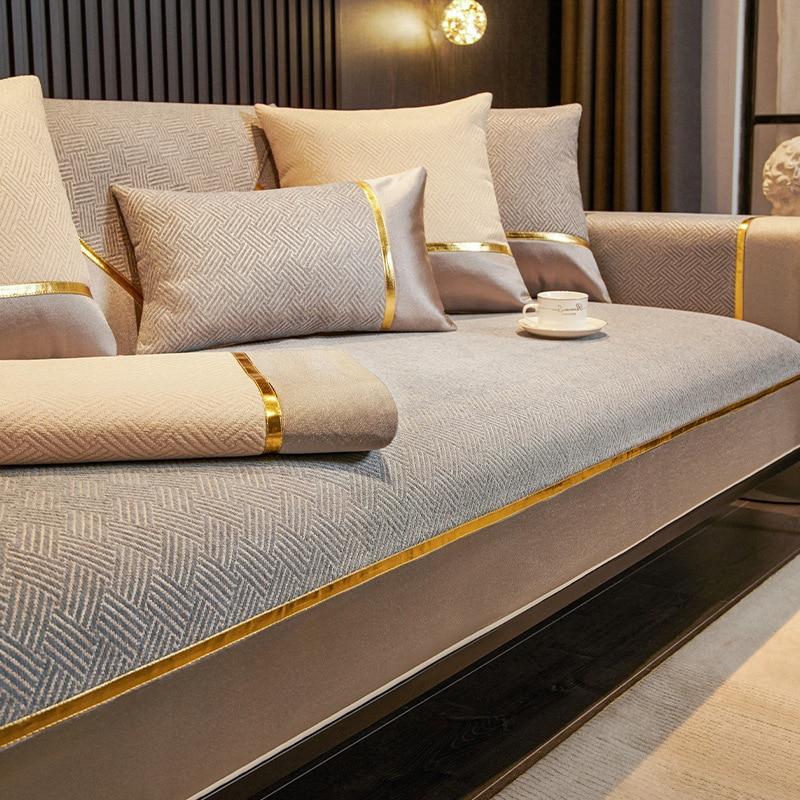 Chenille Sofa Cushion Golden Line Anti-slip Cover Universal Four Seasons Living Room Decoration Soft Protective Towel