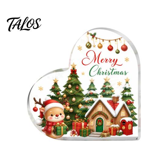 Romantic Christmas Gifts Heart Shaped Acrylic Tabletop Sign, 2D Winter Snow Scene Desktop Ornament Holiday Centerpieces with Santa, Snowman