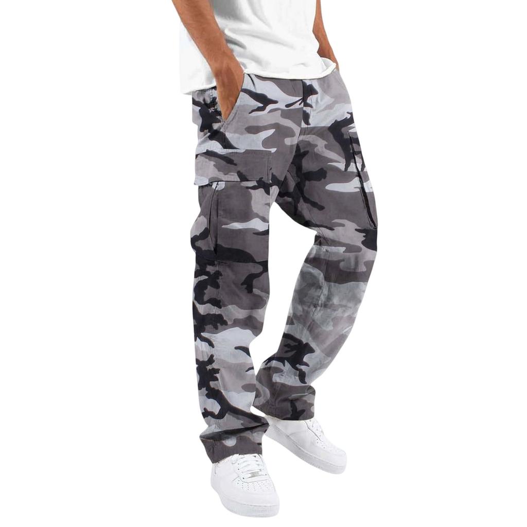 Men Drawstring Elastic Waist Cargo Pants Four Pockets Digital Print Loose Fit Long Trousers for Daily Outdoor Wear