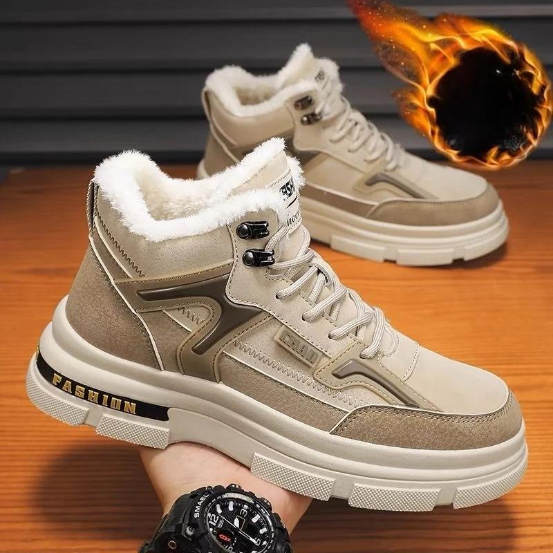 Fashion Winter Mens Boots Luxury Leather Casual Ankle Boots Fashion High Top Cotton Boot Thick Plush Warm Snow Boots Winter Men Sneakers