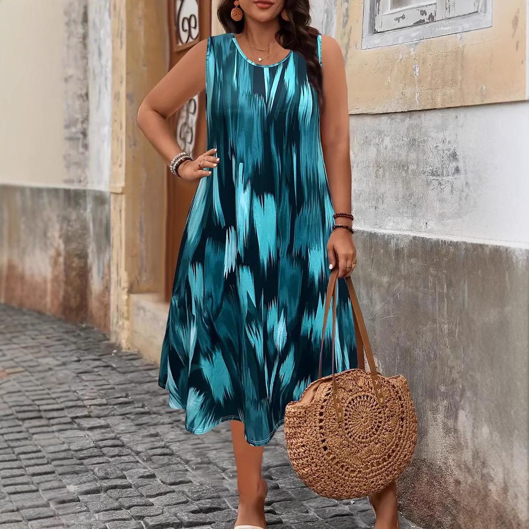 

Весна/лето 2025 года, модное женское платье больших размеров с принтом в европейском/американском стиле 5XL небесно-голубой