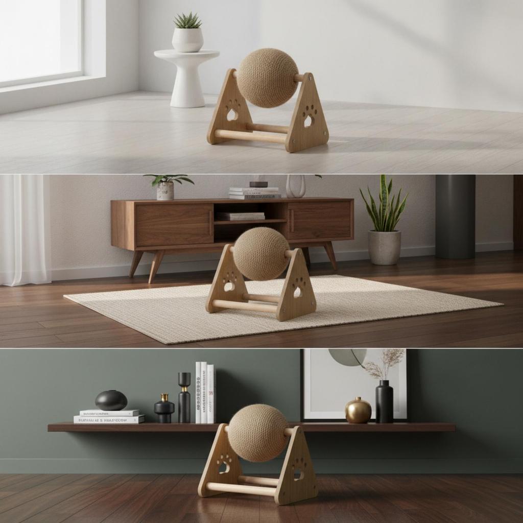 Cat Scratching Ball Rotating Toy with Wooden Frame ClawFriendly Sisal Rope for