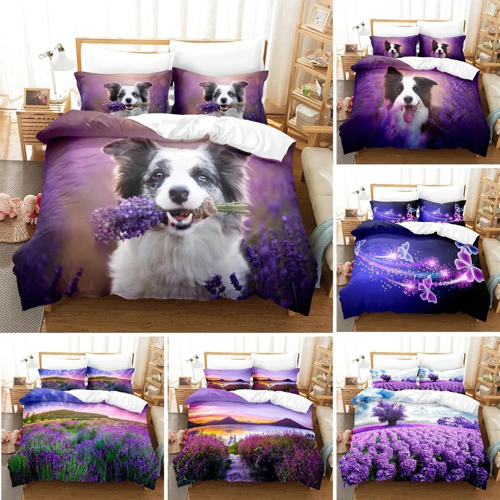 Purple Bedding Set Violets Dog Duvet Cover Quilt Cover 3D Lavender Butterfly Double For Full King Queen Twin Single Size