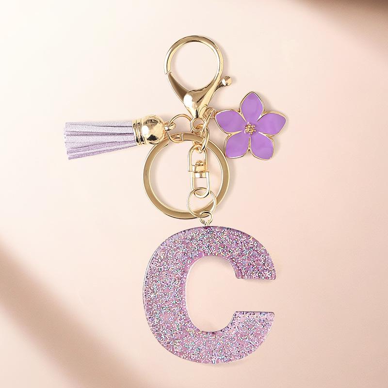 Flash Powder 26 English letters, diy, Resin keychain, purple flower, pendant, bag pendant, keychain, Christmas gift, Stocking stuffers
