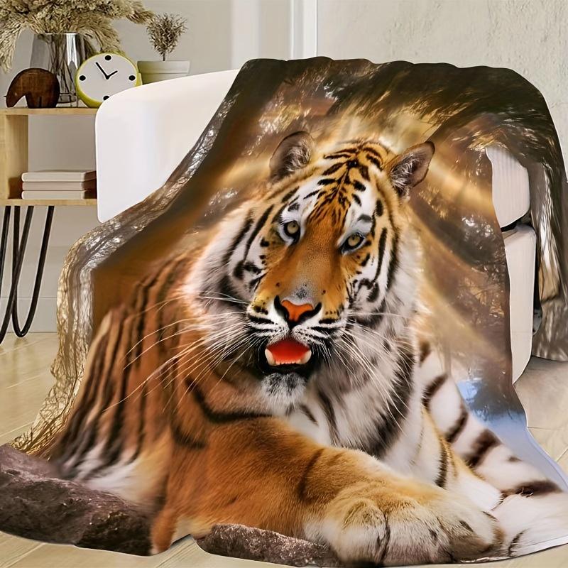 Tiger Print Flannel Blanket – Ultra-Soft Lightweight Throw – Hypoallergenic Cozy for Sofa Bed Travel