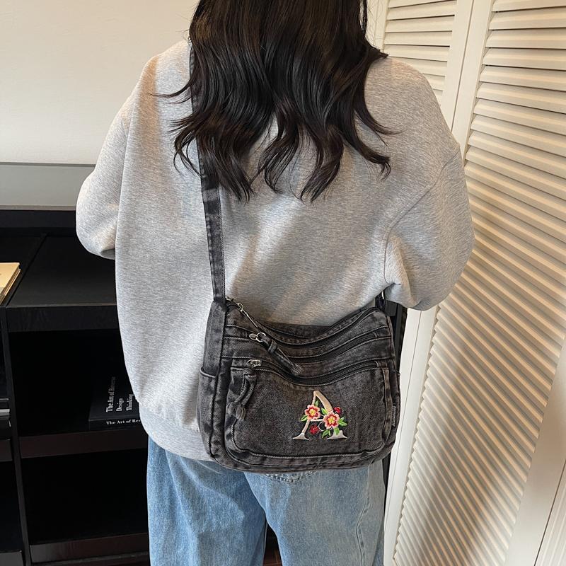 Multi-layer Denim Bag Vintage Shoulder Bag Women's Embroidered Crossbody Bag