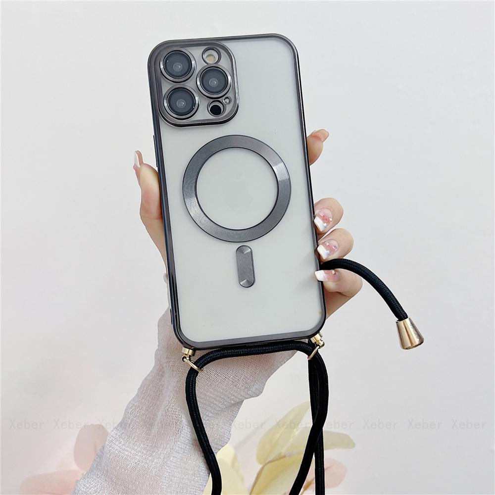 Crossbody Necklace Lanyard Magnet For Magsafe Wireless Charging Case For iPhone 17 16 15 13 12 11 14 Pro Max Plating Clear Cover
