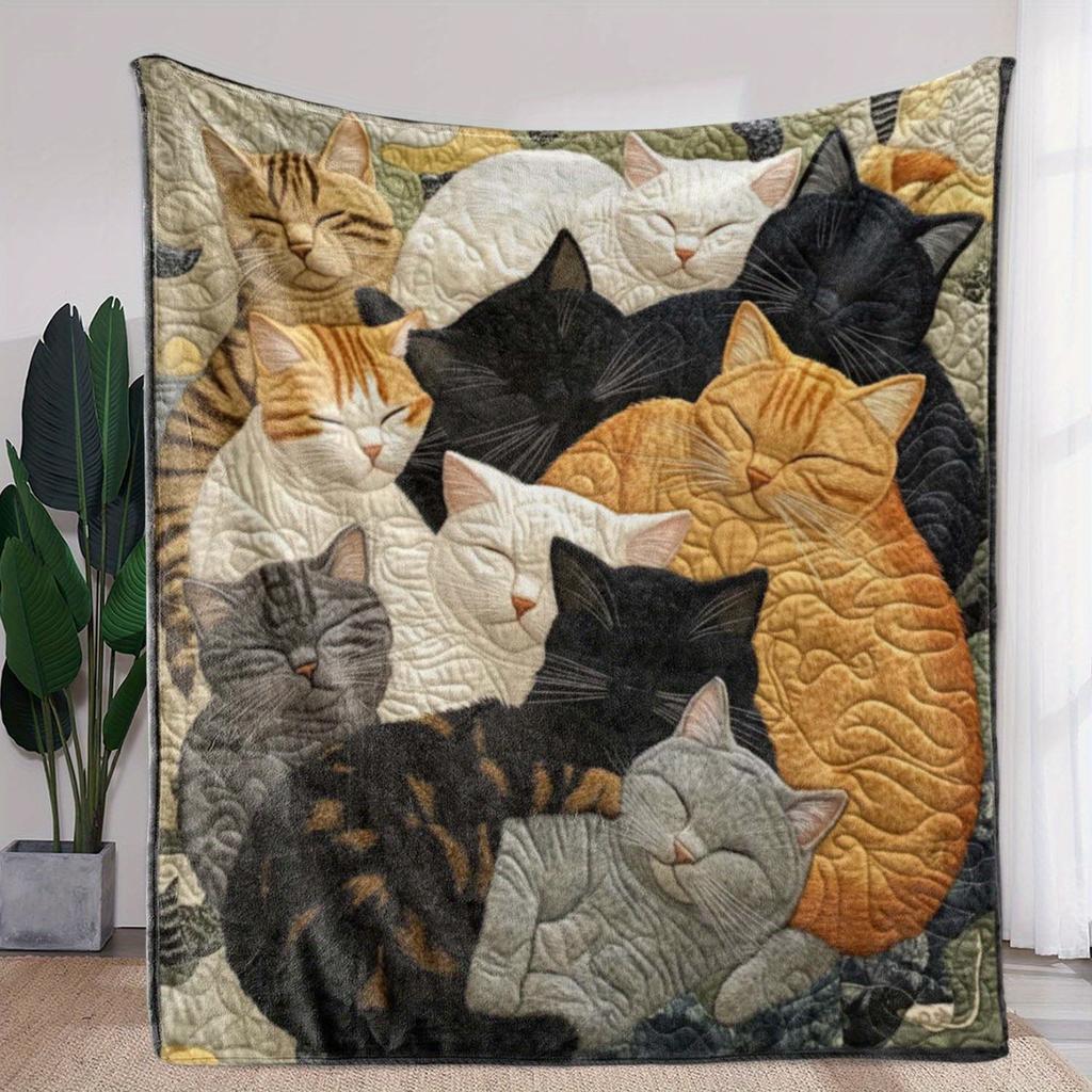 2D Digital Print Cat Flannel Blanket - Cute Creative, Warm Comfortable, Sofa/Bed/Office/Car/Camping, Seasonal Gift