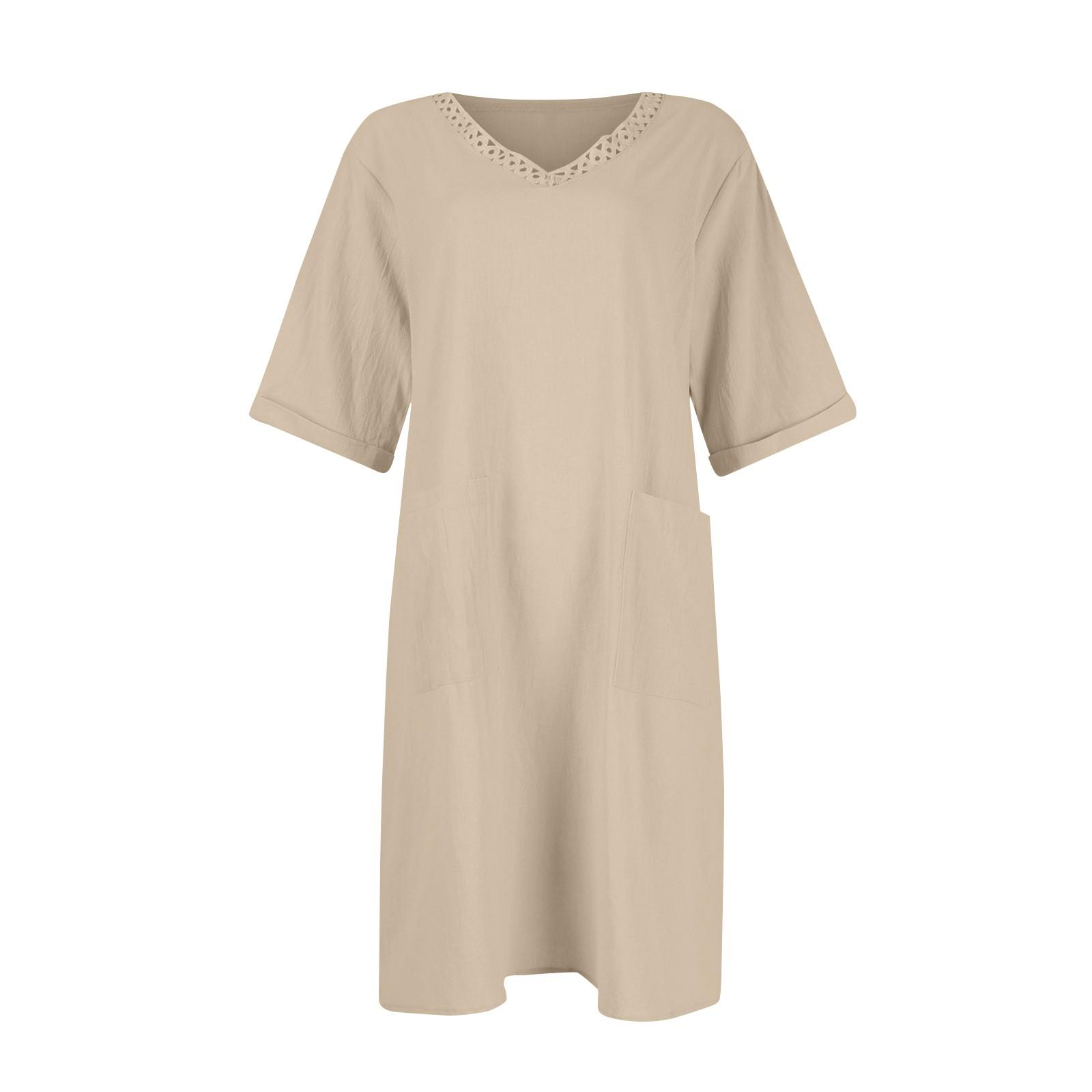 Платье средней длины из хлопка и льна с V-образным вырезом и короткими рукавами — фото 4