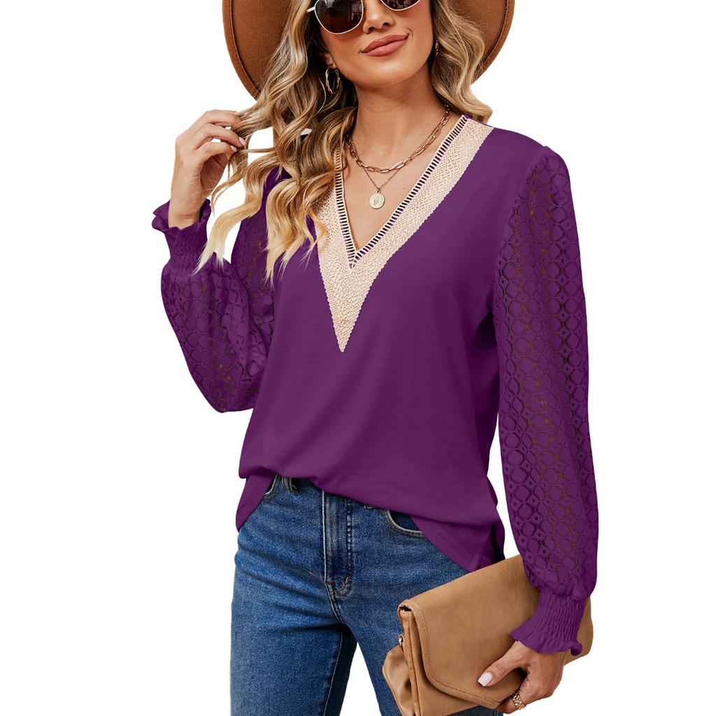 Fall Winter New Women's V-Neck Lace Splicing Loose Long Sleeve T-Shirt Top, Cross-Border Casual Tops for Women