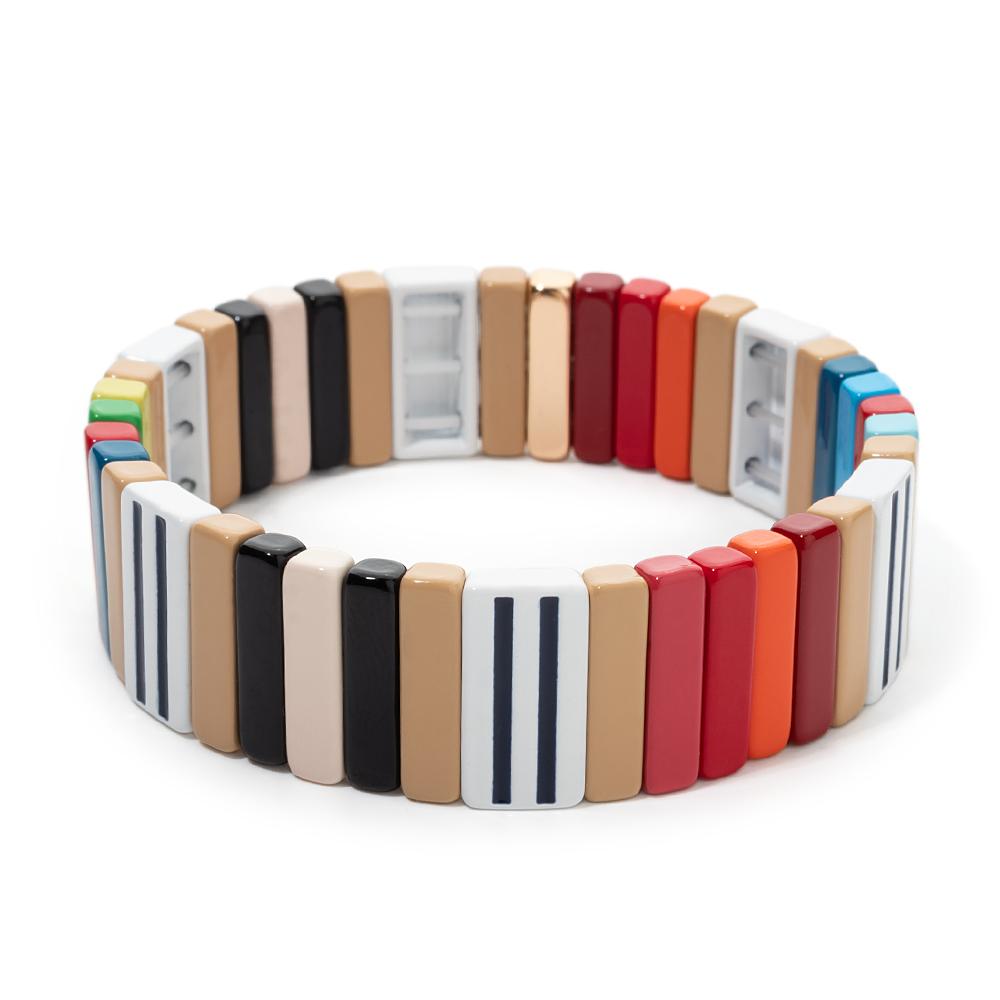 New Fashion Deil Eye Enamel Bangle for Women Colorful Beaded Boho Rectangle Shape Hand Accessory