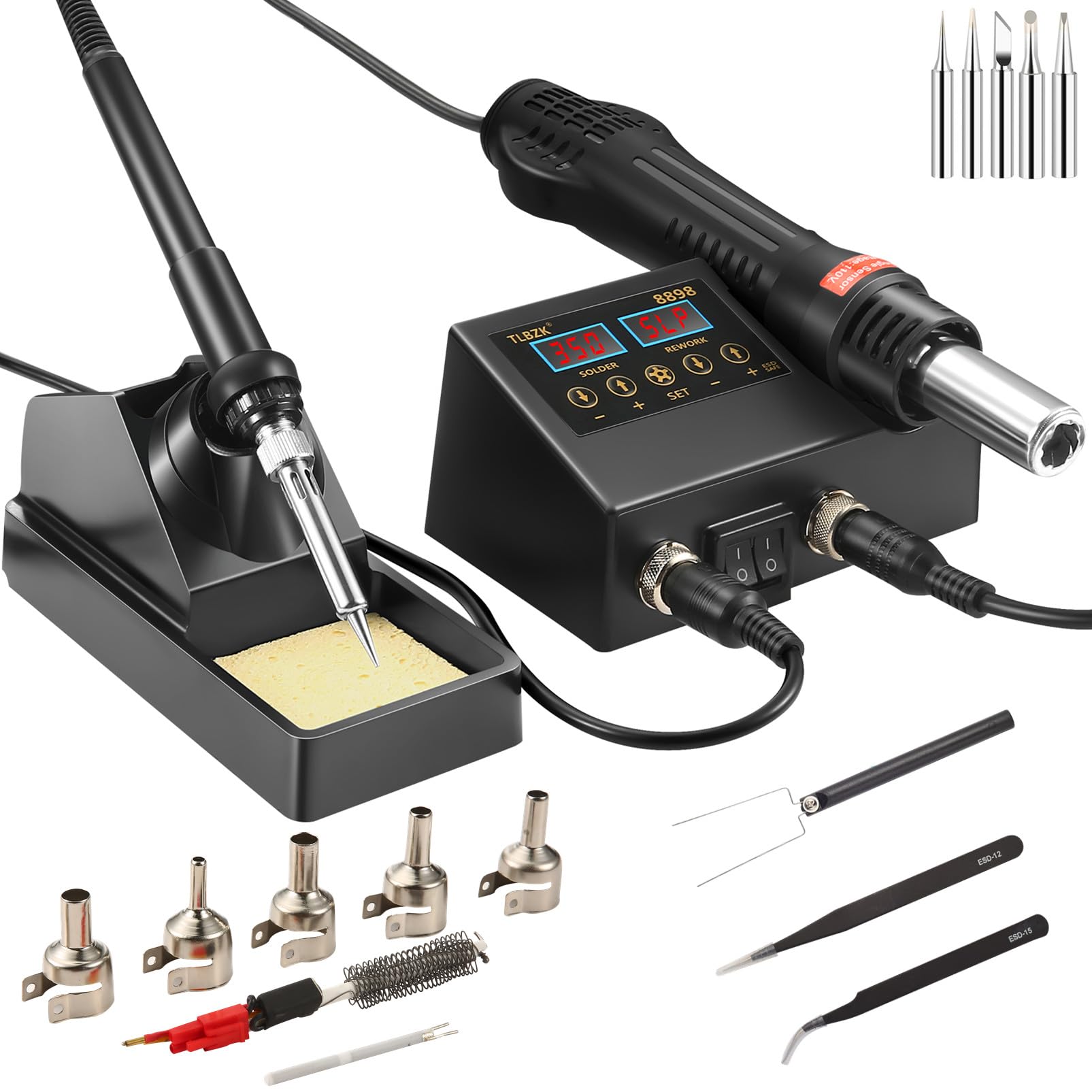 

TLBZK Rework Soldering 2 в 1 SMD паяльная станция с горячим воздухом и паяльником в комплекте с паяльной станцией с горячим воздухом и пинцетом, пистолетом, наконечником,