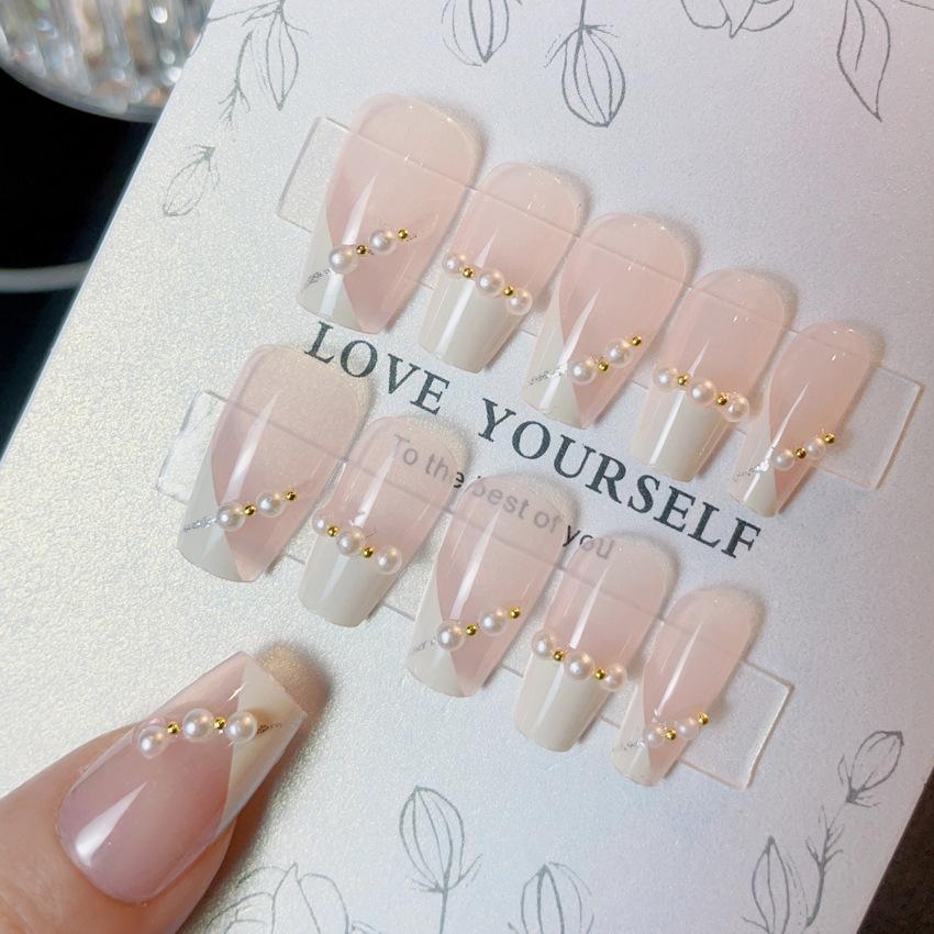 New Small Fresh Sweet French Pearl Nail Art Patch Fake Nails Small Fresh Handmade Wear Nail A28