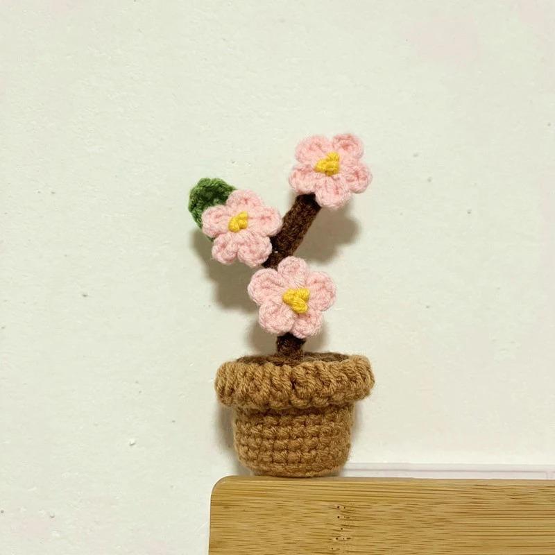 DIY Handgewebte Mini-Topfblume Rose Büro Desktop Zierpflanzen Topfpflanzen Wollfaden Fertigprodukt Heimdekoration