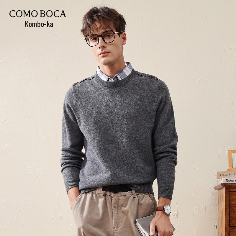 Komonboka Men's Thick Crew Neck Wool Sweater with Shoulder Patchwork