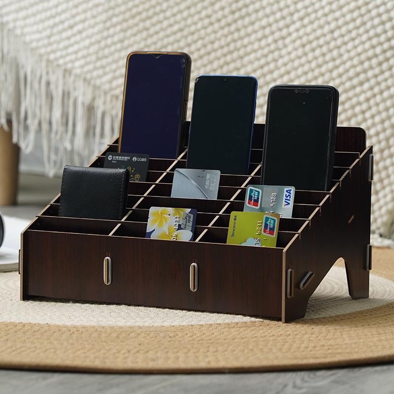 Wooden Desktop Mobile Phone Holder & Organizer with Multi-Compartments for Students & Meetings