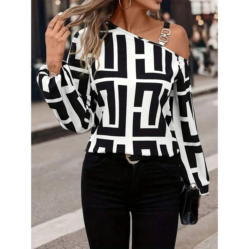 

Trade European and American Women s Clothing Amazon Spring & Fall Fashion Geometry Pattern Printed All-Matching Long Sleeve off Shoulder Pullover Tops White M
