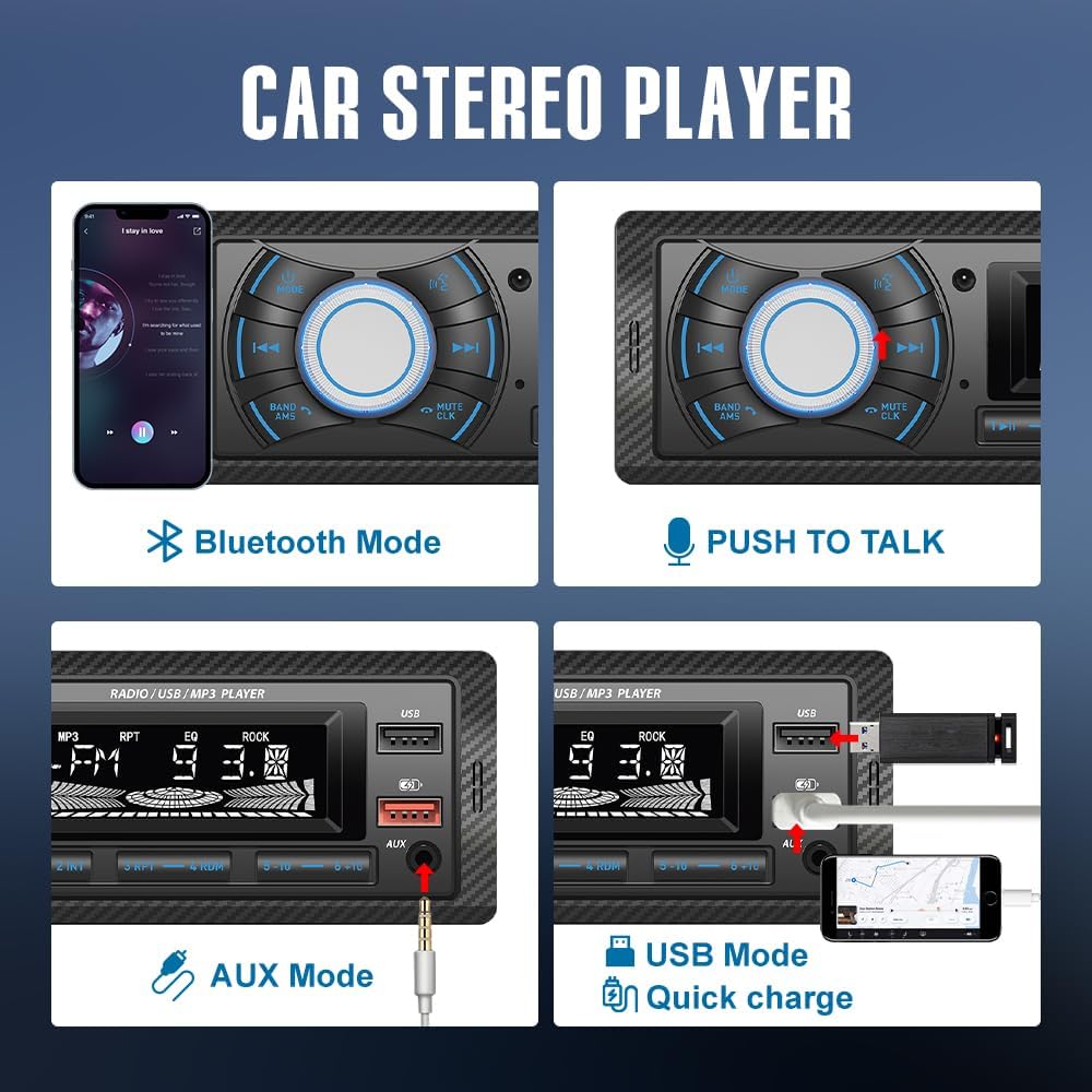 Kunfine Audio Systems Car Stereo - Single Din, Voice Control, Bluetooth, No CD DVD Player, FM Radio Receiver, Wireless Remote Control, MP3, 2