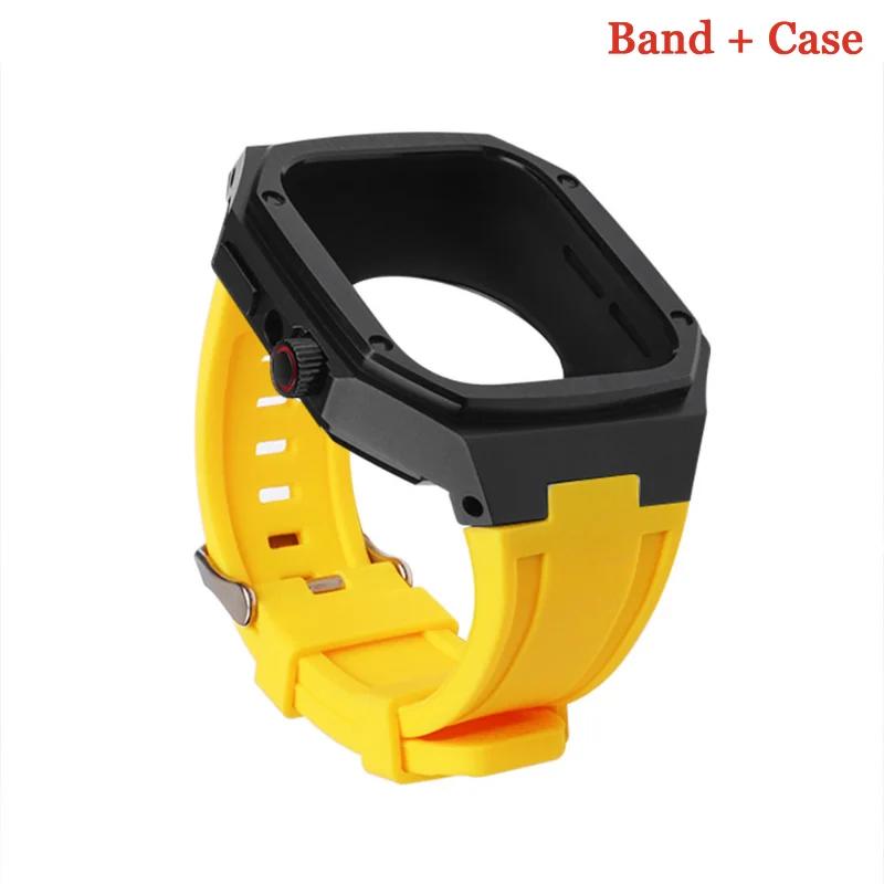 Luxury Modification Kit For Apple Watch 8 7 44mm 45mm 40mm 41mm Stainless Steel Case Rubber Sports Strap For IWatch Series 6 5 4