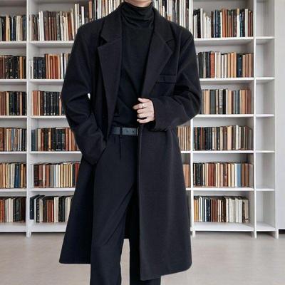 Men's Korean Style Wool Windbreaker: Casual Loose-Fit Mid-Length Over-the-Knee Coat for Autumn and Winter