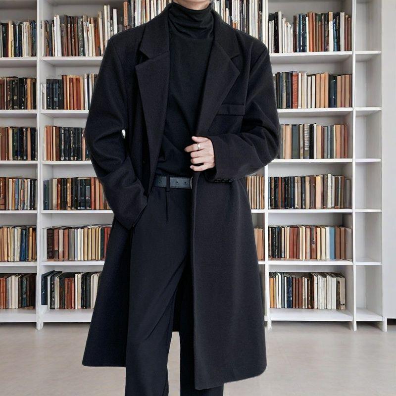 Herren Woll-Windbreaker im koreanischen Stil: Lässiger lockerer mittellanger über das Knie gehender Mantel für Herbst und Winter